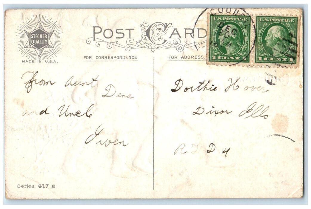 1915 Christmas Children Ice Skating Snowball Mistletoe Council IL Postcard