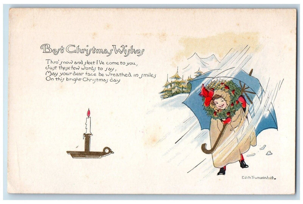 c1910's Christmas Wishes Girl Holly Berries Umbrella Candle Antique Postcard