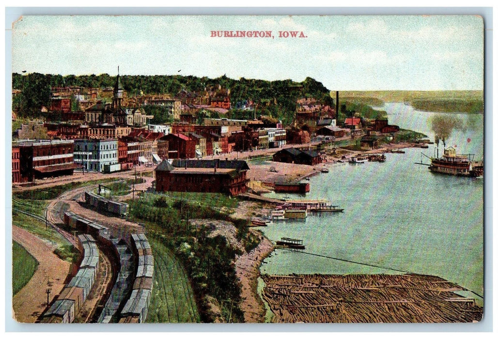 c1950 Aerial View Railway Lake River Passenger Ferry Burlington Iowa IA Postcard