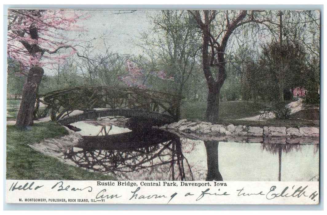 1907 Rustic Bridge Central Park Pond Blossom Trees Davenport Iowa IA Postcard