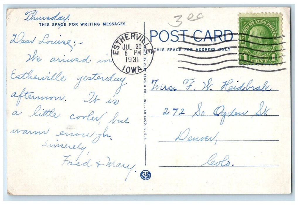1931 Gardston Hotel Estherville Iowa IA US Flag Posted Vintage Postcard