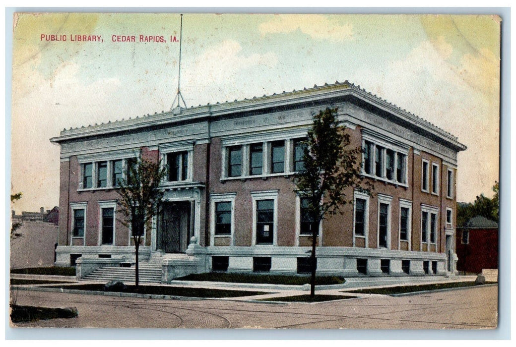 1910 Public Library Building Facade Stairs Railway Cedar Rapids Iowa IA Postcard