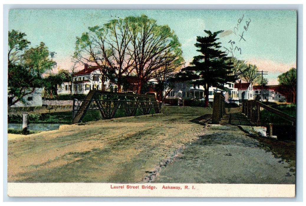 c1920's Laurel Street Bridge Ashaway Scene Rhode Island RI Posted Trees Postcard