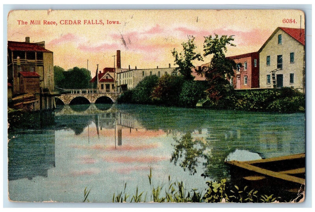 1908 The Mill Race Lake River Bridge Buildings View Cedar Falls Iowa IA Postcard