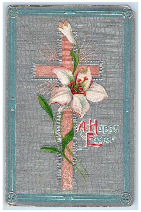 c1905 Happy Easter Holly Cross Flowers Embossed Posted Antique Postcard