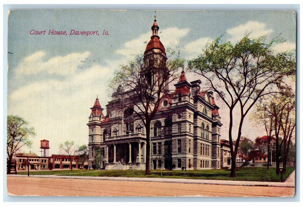 1912 Court House Building Facade Entrance Tower View Davenport Iowa IA Postcard