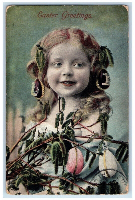 1908 Easter Greetings Little Cute Girl Cattail Hanging Eggs Antique Postcard