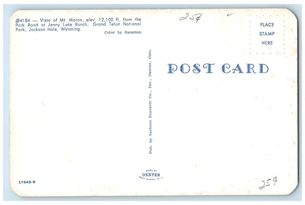 c1950's Vista Of Mt Moran Park Snowy Mountain Jackson Hole Wyoming WY Postcard