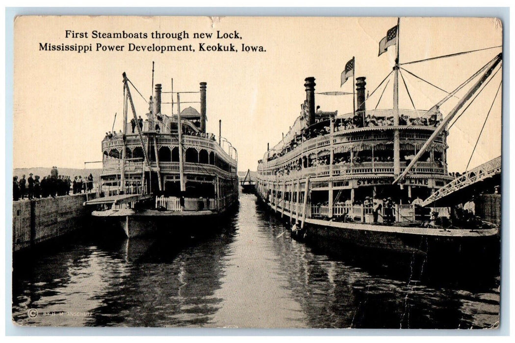 1913 Steamboats Through New Lock Mississippi Power Development IA Postcard