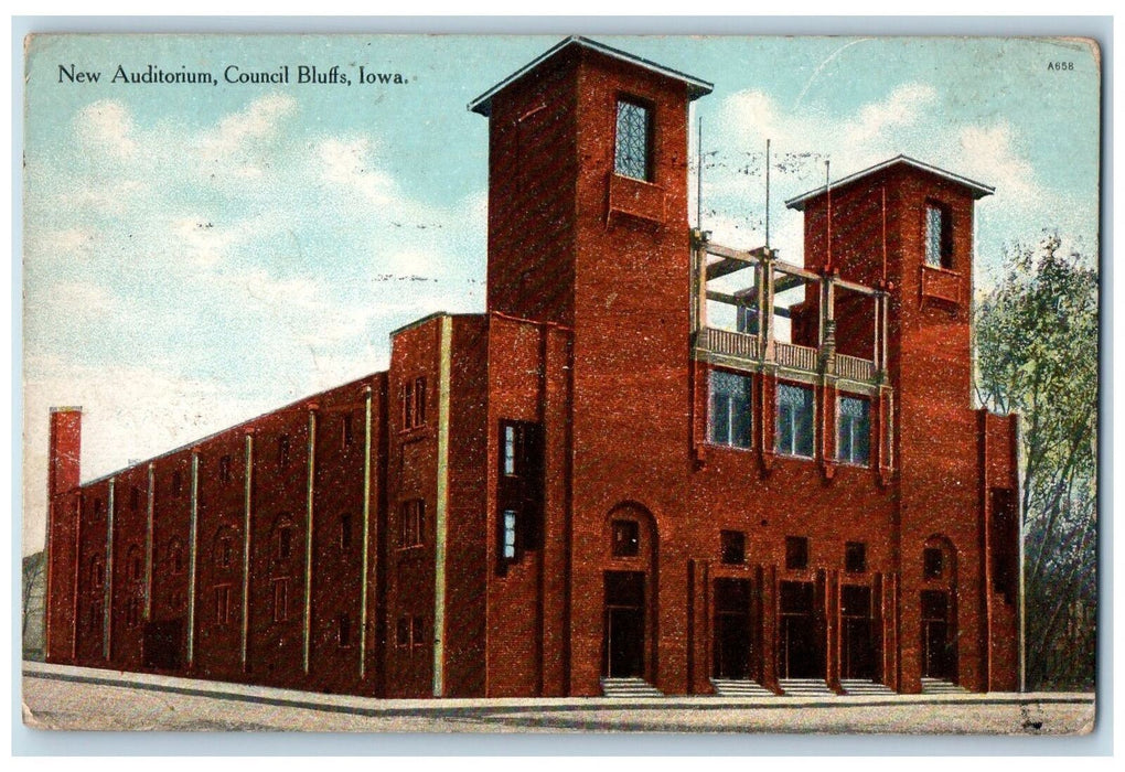 1912 New Auditorium building Entrance View Tower Council Bluffs Iowa IA Postcard