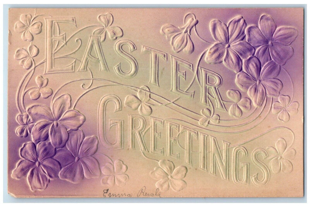 c1910's Easter Greetings Pansies Flowers Airbrushed Embossed Antique Postcard