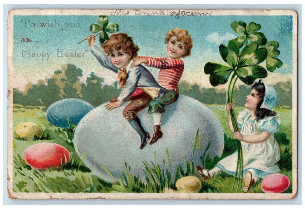 1907 Happy Easter Children Riding Egg Shamrock Clover Tuck's Embossed Postcard