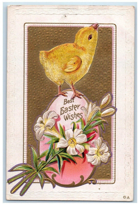 c1910's Easter Wishes Chick On Top Of Egg White Flowers Embossed Nash Postcard