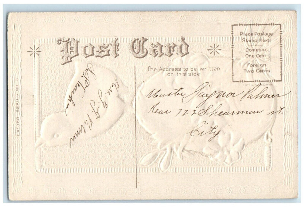 c1910's Easter Wishes Chick On Top Of Egg White Flowers Embossed Nash Postcard