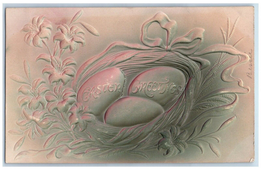 c1905 Easter Greetings Eggs Nest Lily Flowers Airbrushed Embossed Postcard