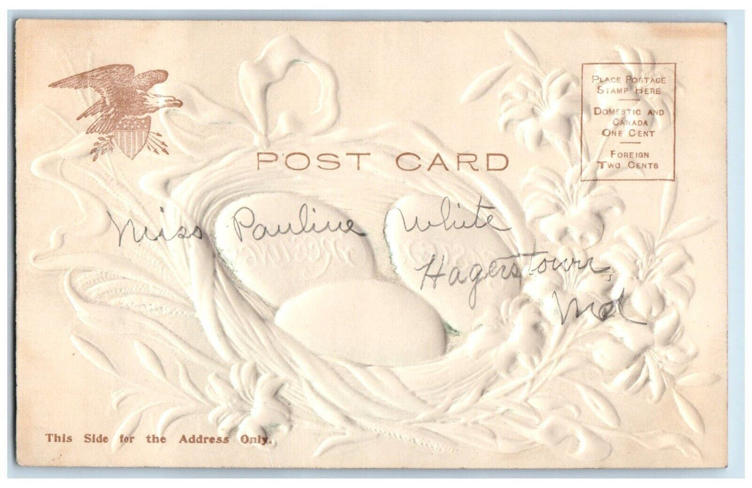 c1905 Easter Greetings Eggs Nest Lily Flowers Airbrushed Embossed Postcard