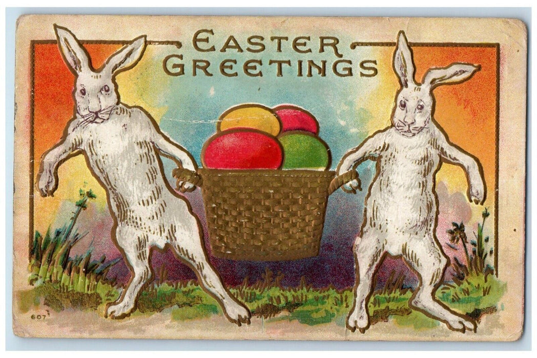 c1910's Easter Greetings Bunny Rabbit Basket Of Eggs Embossed Antique Postcard