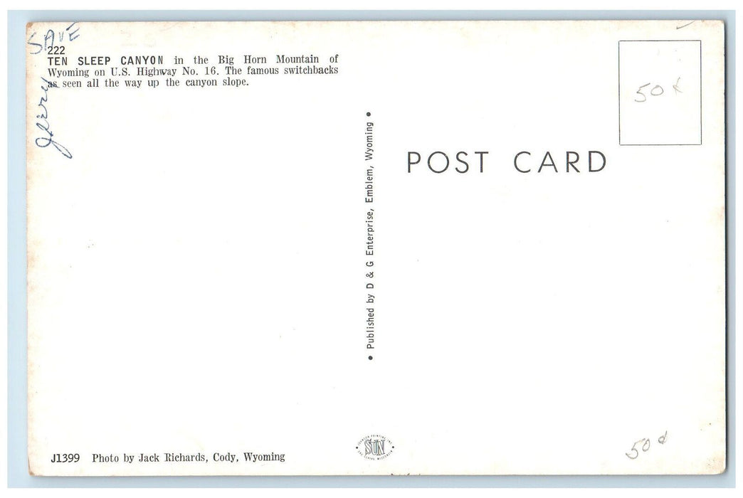 c1950's Ten Sleep Canyon Road Cliffs Big Horn Mountain Of Wyoming WY Postcard