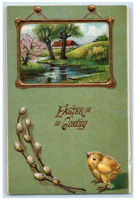 c1910's Easter Greetings Pipe Berry Chick House Trees River Embossed Postcard