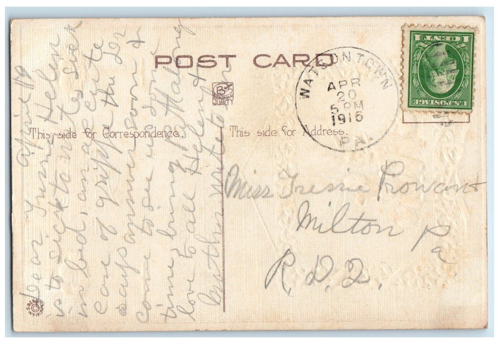 1916 Easter Message Eggs Nest Bunnies Rabit Chicks Watson Town PA Postcard