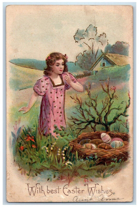 1907 Easter Wishes Girl Egg Nest Embossed Cleveland Ohio OH Antique Postcard