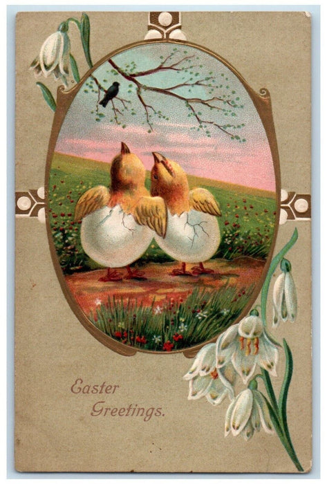 1909 Easter Greetings Hatched Eggs Bird White Flowers White Deer PA Postcard