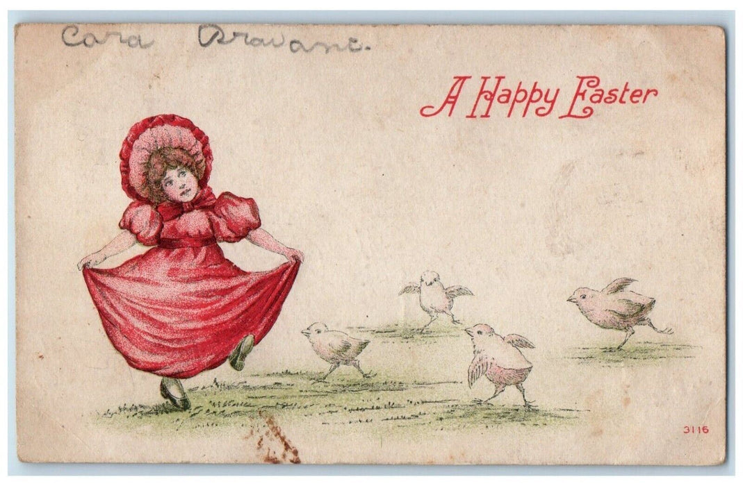 1910 Happy Easter Girl Red Dress And Chicks Dancing Posted Antique Postcard