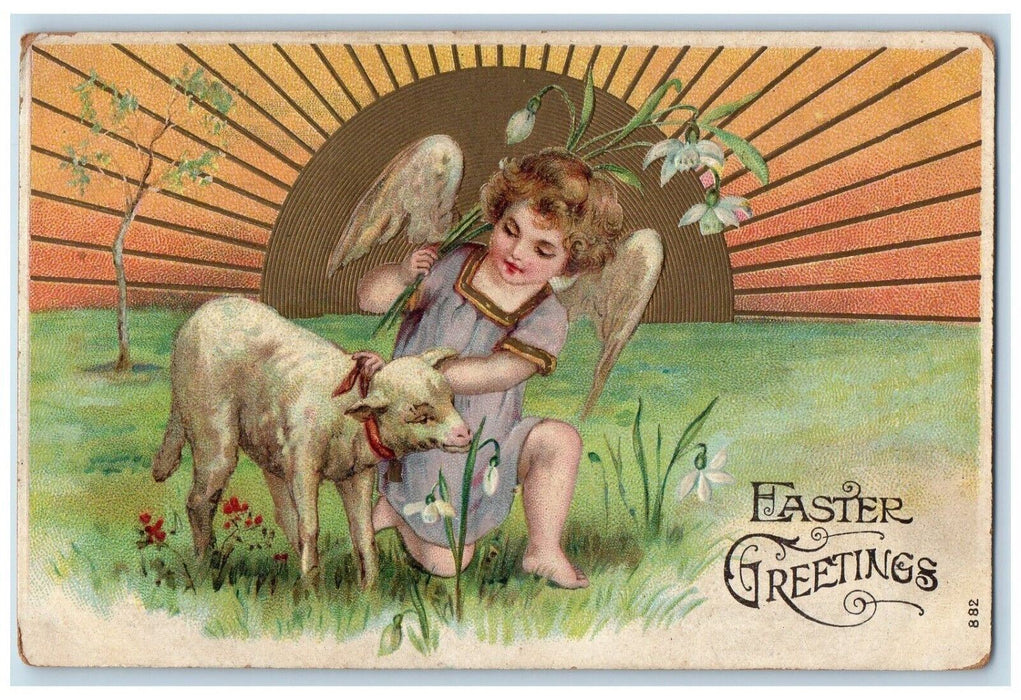 1908 Easter Greetings Sheep Angel Picking Flowers Embossed Antique Postcard