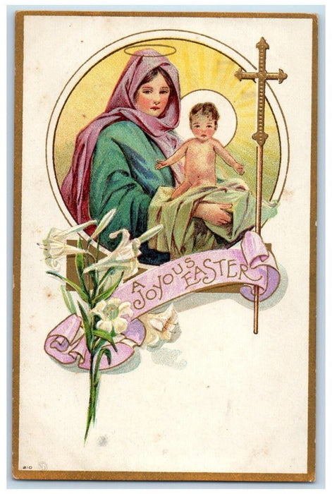 c1910's Joyous Easter Holy Cross Religious Lily Flowers Embossed Posted Postcard