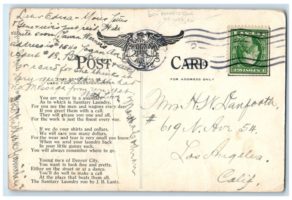 1912 Main Street The Lantz Sanitary Laundry Co. Advertising Denver CO Postcard