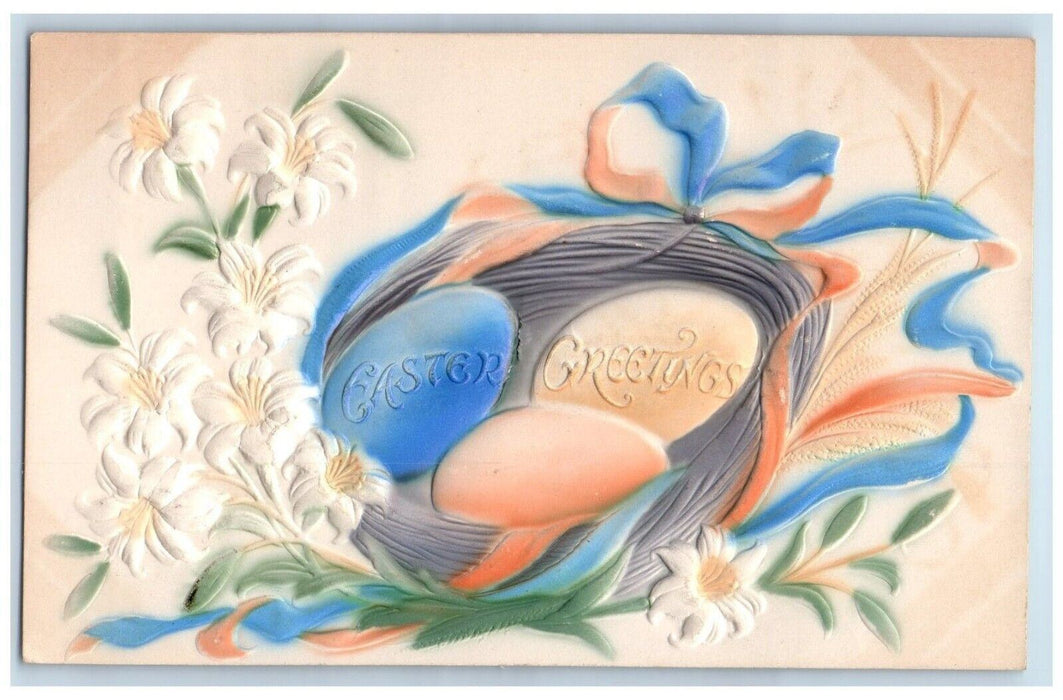 c1910's Easter Greetings Lily Flowers Eggs Nest Airbrushed Embossed Postcard