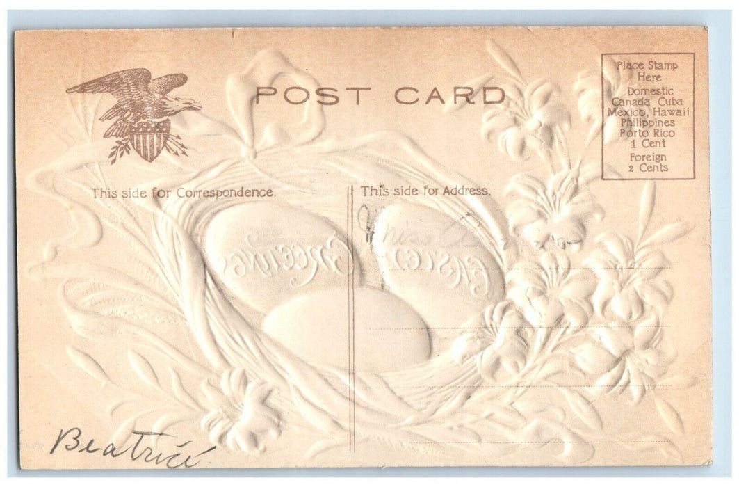 c1910's Easter Greetings Lily Flowers Eggs Nest Airbrushed Embossed Postcard