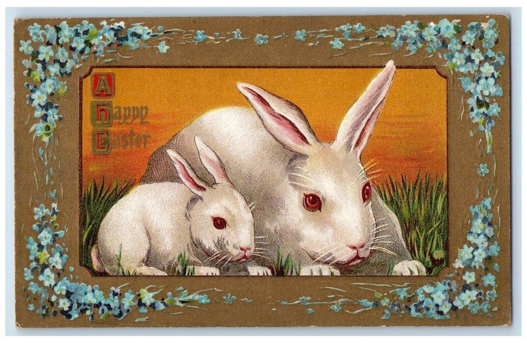 1911 Happy Easter Bunny Rabbit Pansies Flowers Embossed Skowhegan ME Postcard