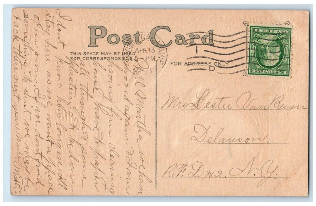 1911 Happy Easter Bunny Rabbit Pansies Flowers Embossed Skowhegan ME Postcard