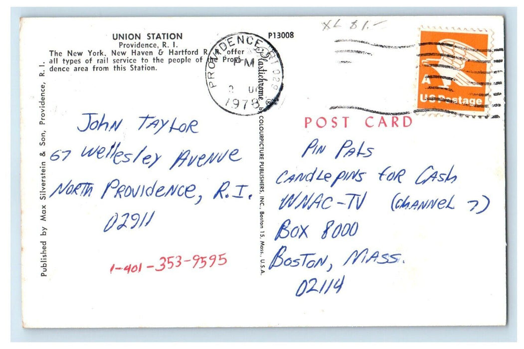 1978 Union Station Depot Cars Providence Rhode Island RI Posted Vintage Postcard