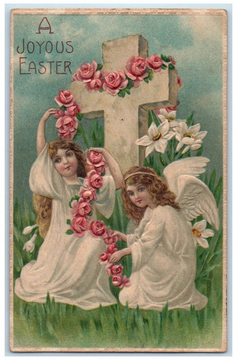 c1910's Joyous Easter Angels Holly Cross Flowers Embossed Antique Postcard