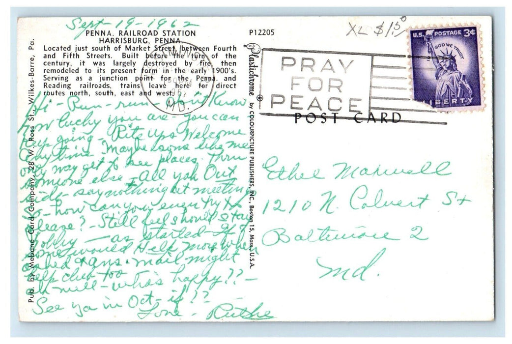 1962 Penna Railroad Station Depot Cars Harrisburg Pennsylvania PA Postcard