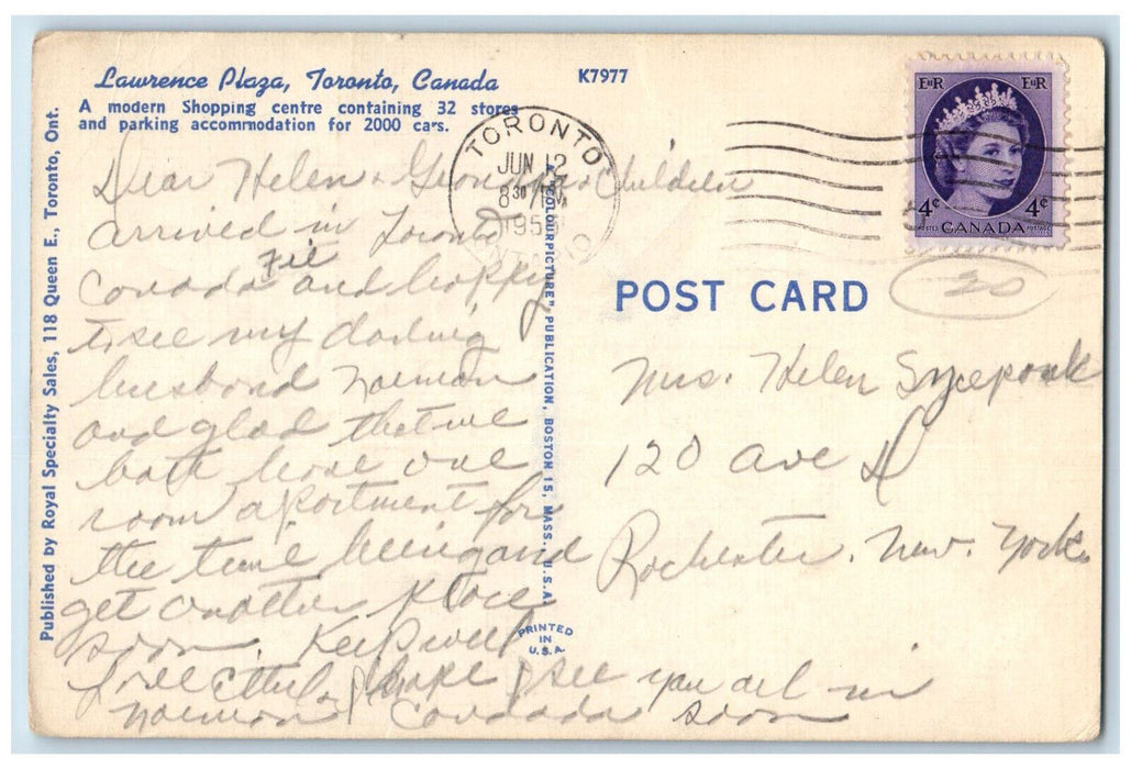 1955 Lawrence Plaza Woolworth Co. Zeller's Belgium Toronto Canada Postcard