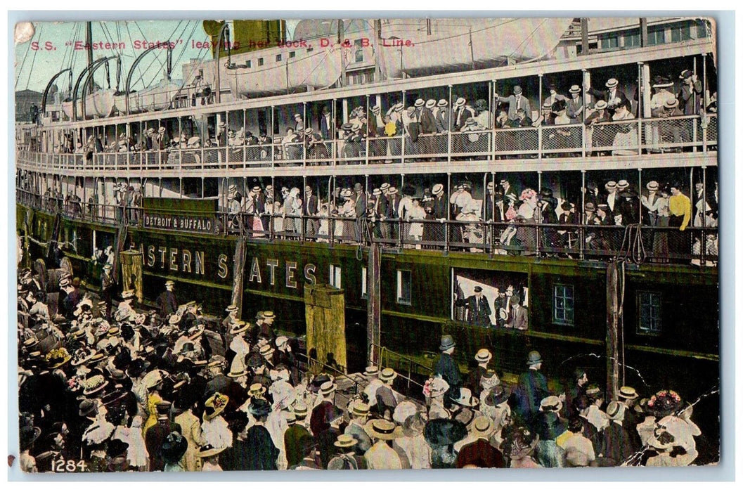 1911 S.S. Eastern States Leaving Her Dock D.&B. Line Detroit MI Posted Postcard