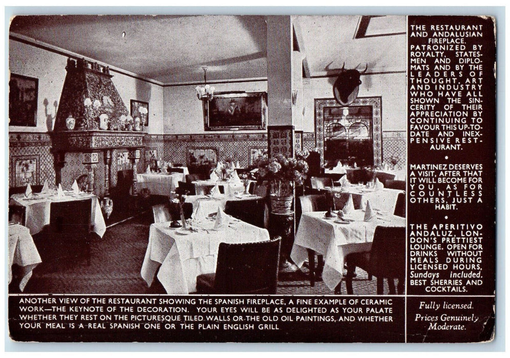 c1940's Fireplace Dining View Martinez Spanish Restaurant England Postcard