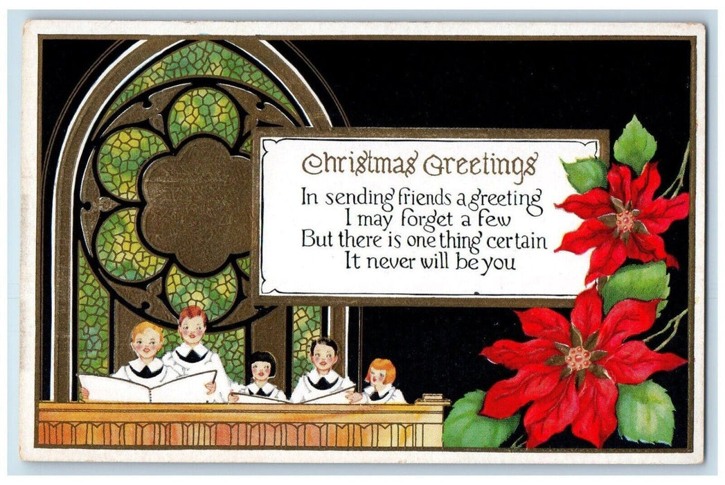 c1910's Christmas Greetings Poinsettia Flowers Children Carol Embossed Postcard