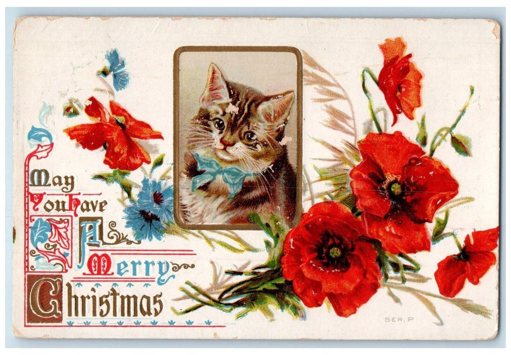 1910 Merry Christmas Cute Cat Flowers Embossed Indianapolis Indiana IN Postcard