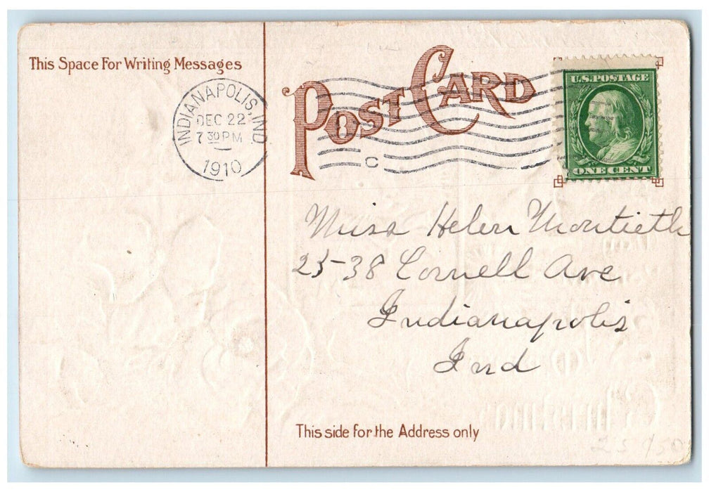1910 Merry Christmas Cute Cat Flowers Embossed Indianapolis Indiana IN Postcard