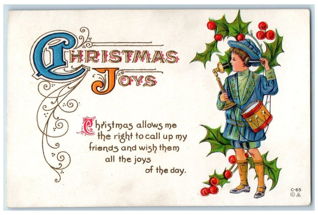 c1910's Christmas Joys Boy Telephone Holly Berries Embossed Oceanic NJ Postcard