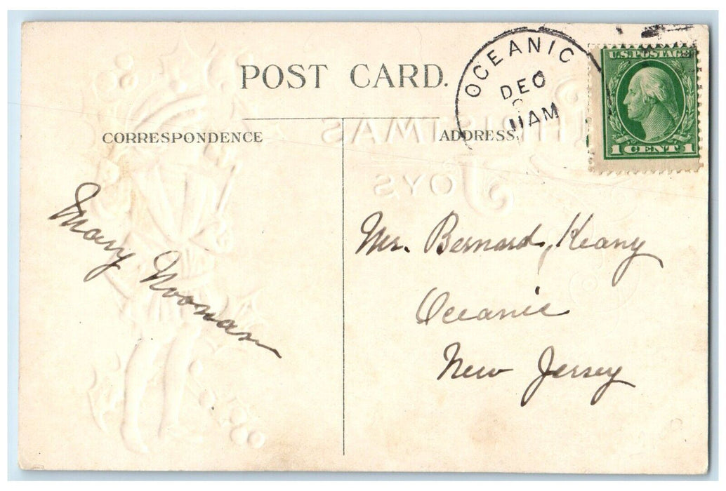 c1910's Christmas Joys Boy Telephone Holly Berries Embossed Oceanic NJ Postcard