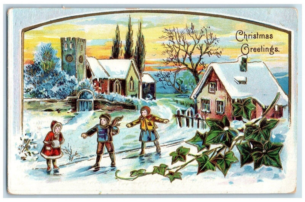 Christmas Greetings Children Ice Skating Handwarmer House Winter Posted Postcard