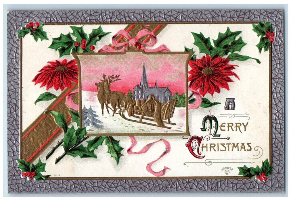 1910 Christmas Poinsettia Flowers Santa Deer Sleigh Berries P. Sander Postcard