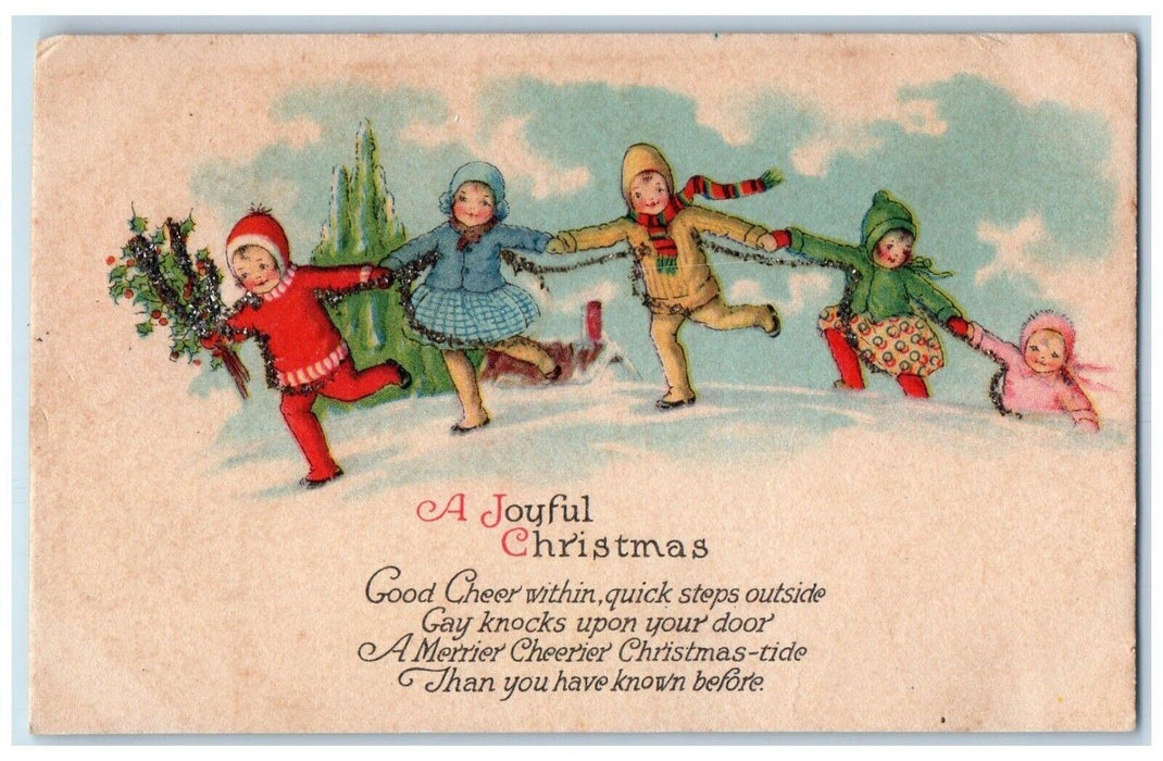 c1910's Christmas Children Playing Holly Berries Winter Glitter Antique Postcard