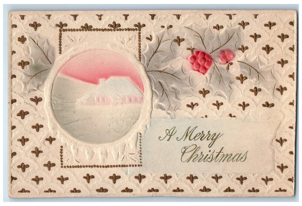 1916 Merry Christmas Holly Berries Airbrushed Walton Kentucky KY Posted Postcard