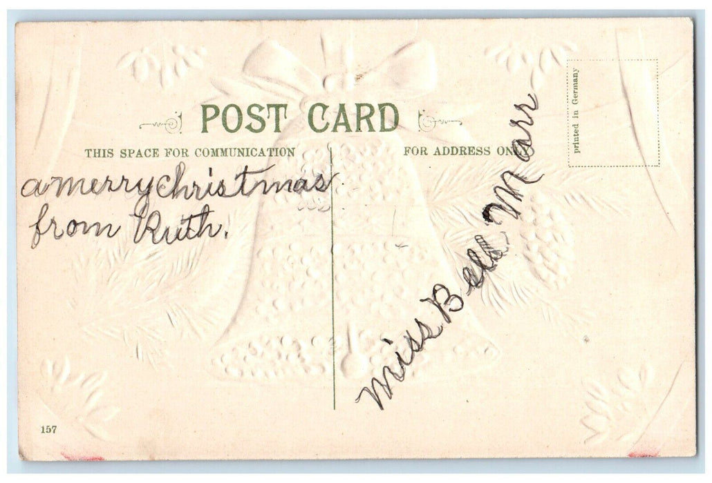 c1910's Merry Christmas Ringing Bell Flowers Pine Cone Embossed Posted Postcard